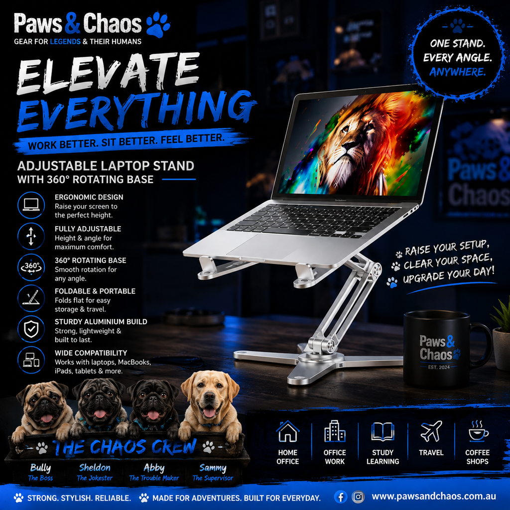 Paws & Chaos 360° Adjustable Aluminium Laptop Stand – Foldable Ergonomic Desk Riser