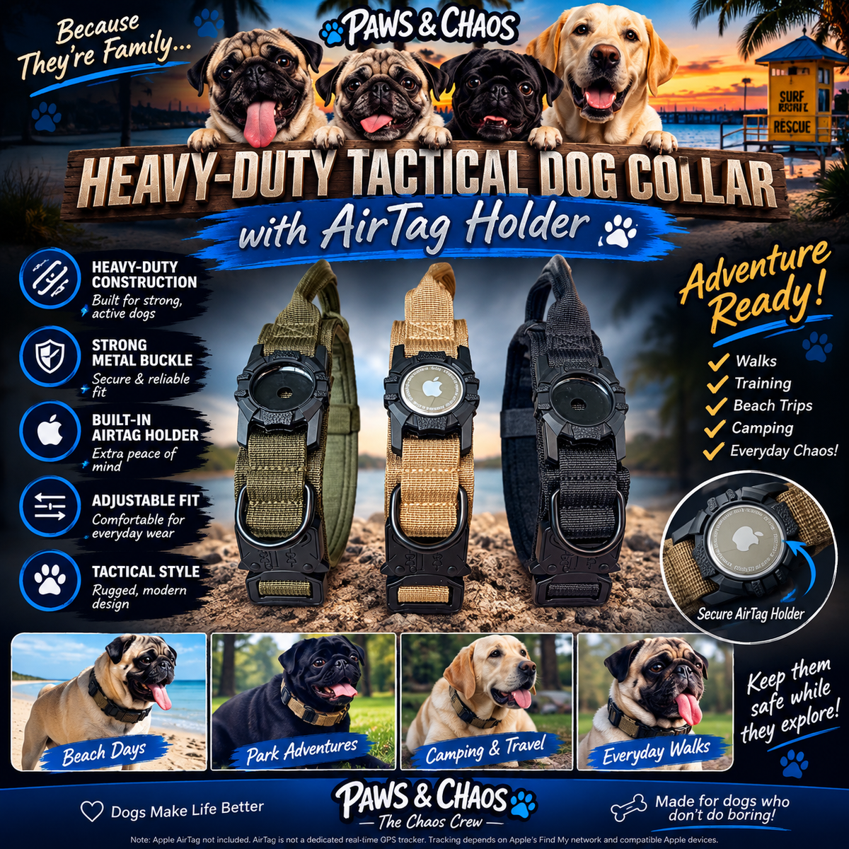 Paws & Chaos Heavy-Duty Tactical Dog Collar with AirTag Holder