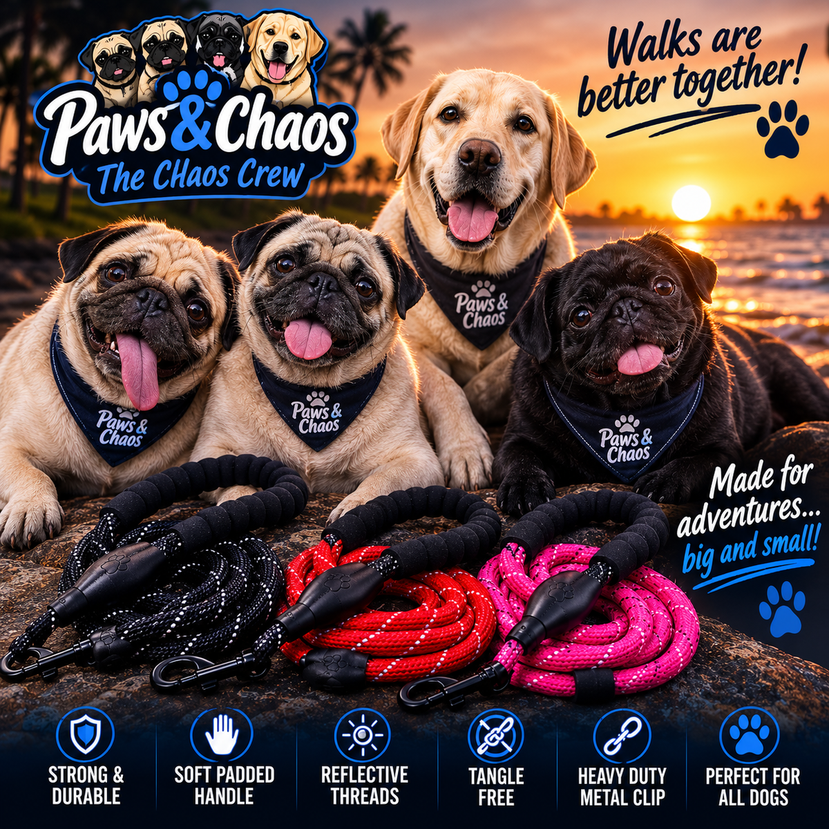 Paws & Chaos Reflective Rope Dog Lead – Padded Handle | 8mm & 10mm