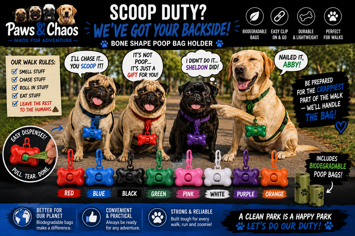 Paws & Chaos Bone-Shaped Dog Poop Bag Holder – Clip-On Waste Bag Dispenser