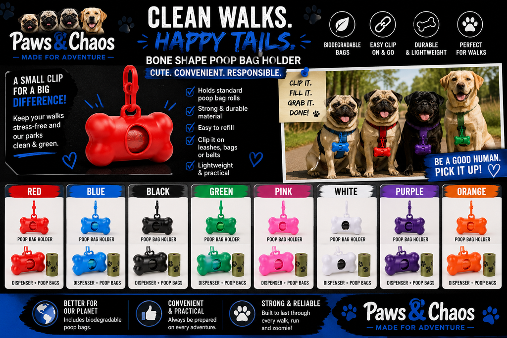 Paws & Chaos Bone-Shaped Dog Poop Bag Holder – Clip-On Waste Bag Dispenser