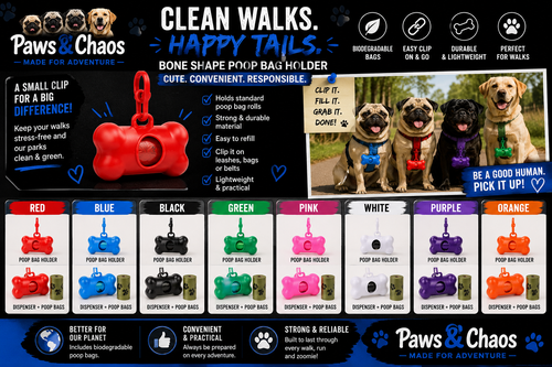 Paws & Chaos Bone-Shaped Dog Poop Bag Holder – Clip-On Waste Bag Dispenser
