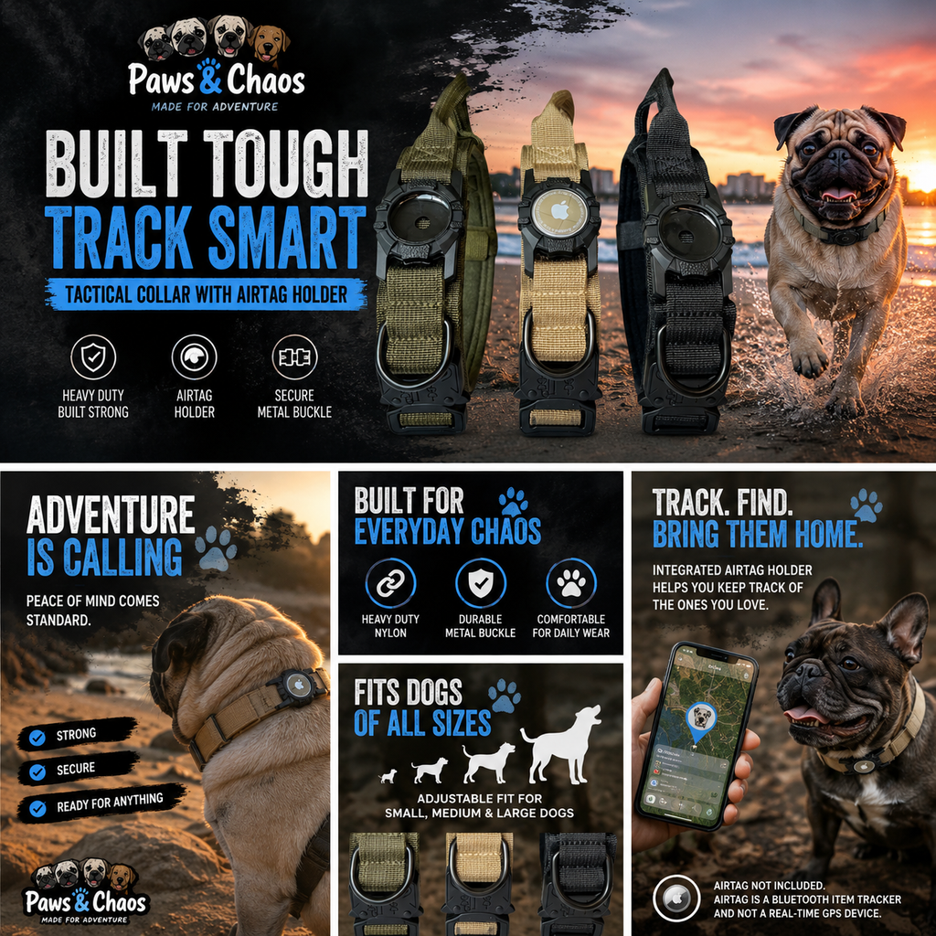 Paws & Chaos Heavy-Duty Tactical Dog Collar with AirTag Holder