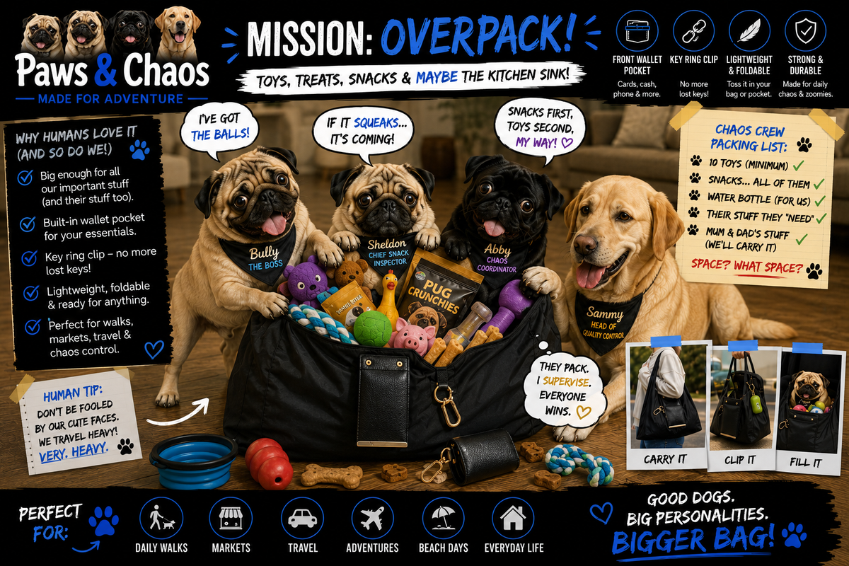 Paws & Chaos Foldable Adventure Tote Bag – Lightweight Pet Travel & Everyday Carry Bag