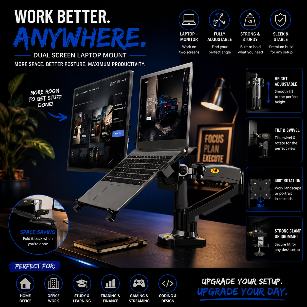 NB Gas Spring Monitor Arm & Laptop Stand – 10–32″ Dual Screen Adjustable Desk Mount