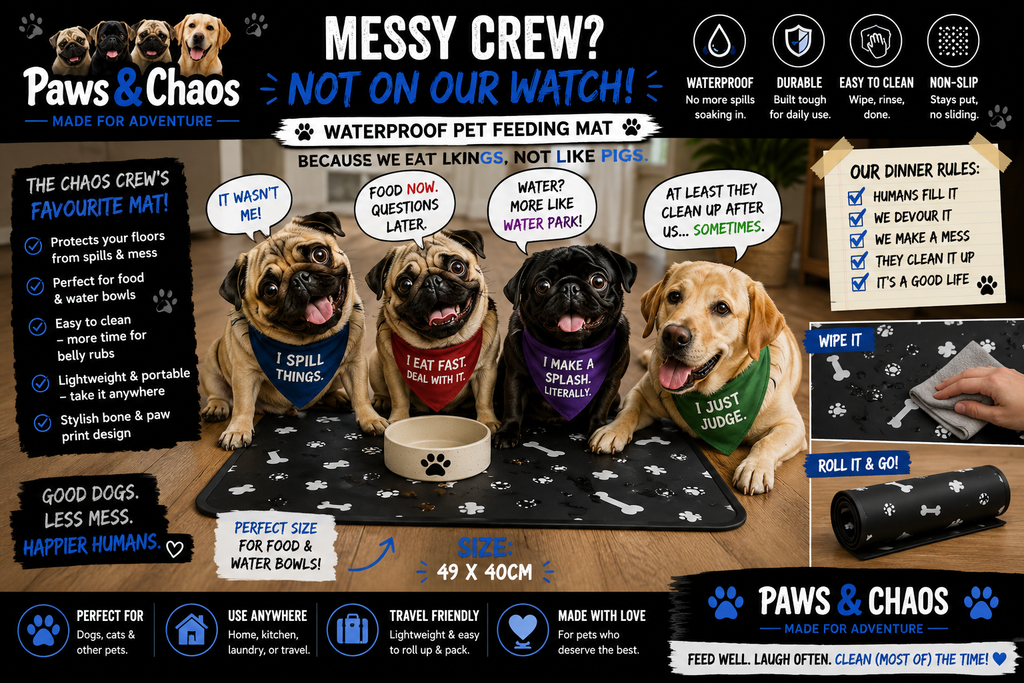 Paws & Chaos Waterproof Pet Feeding Mat – Non-Slip Food & Water Bowl Mat