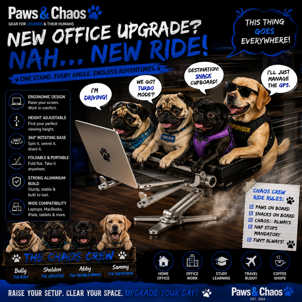 Paws & Chaos 360° Adjustable Aluminium Laptop Stand – Foldable Ergonomic Desk Riser