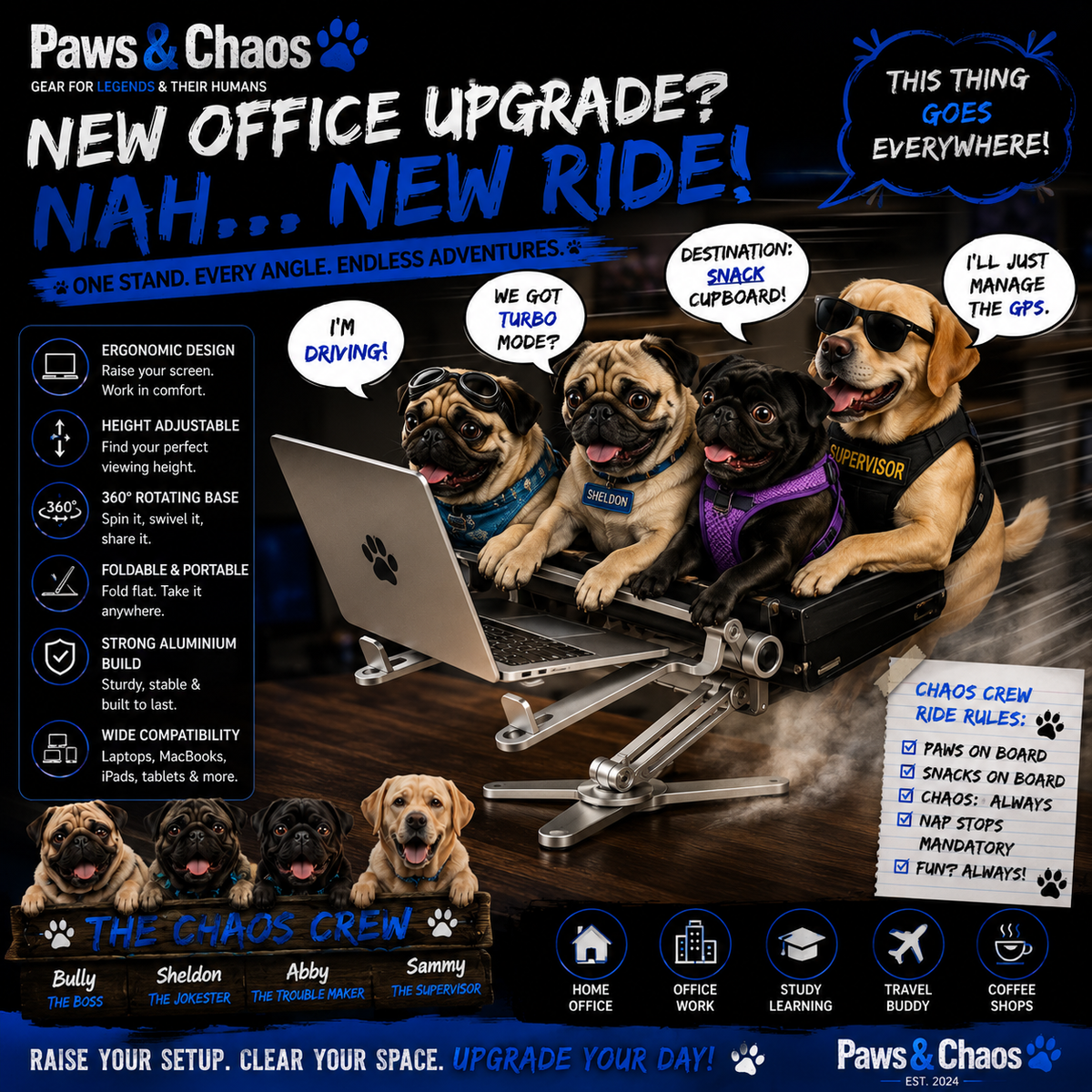 Paws & Chaos 360° Adjustable Aluminium Laptop Stand – Foldable Ergonomic Desk Riser