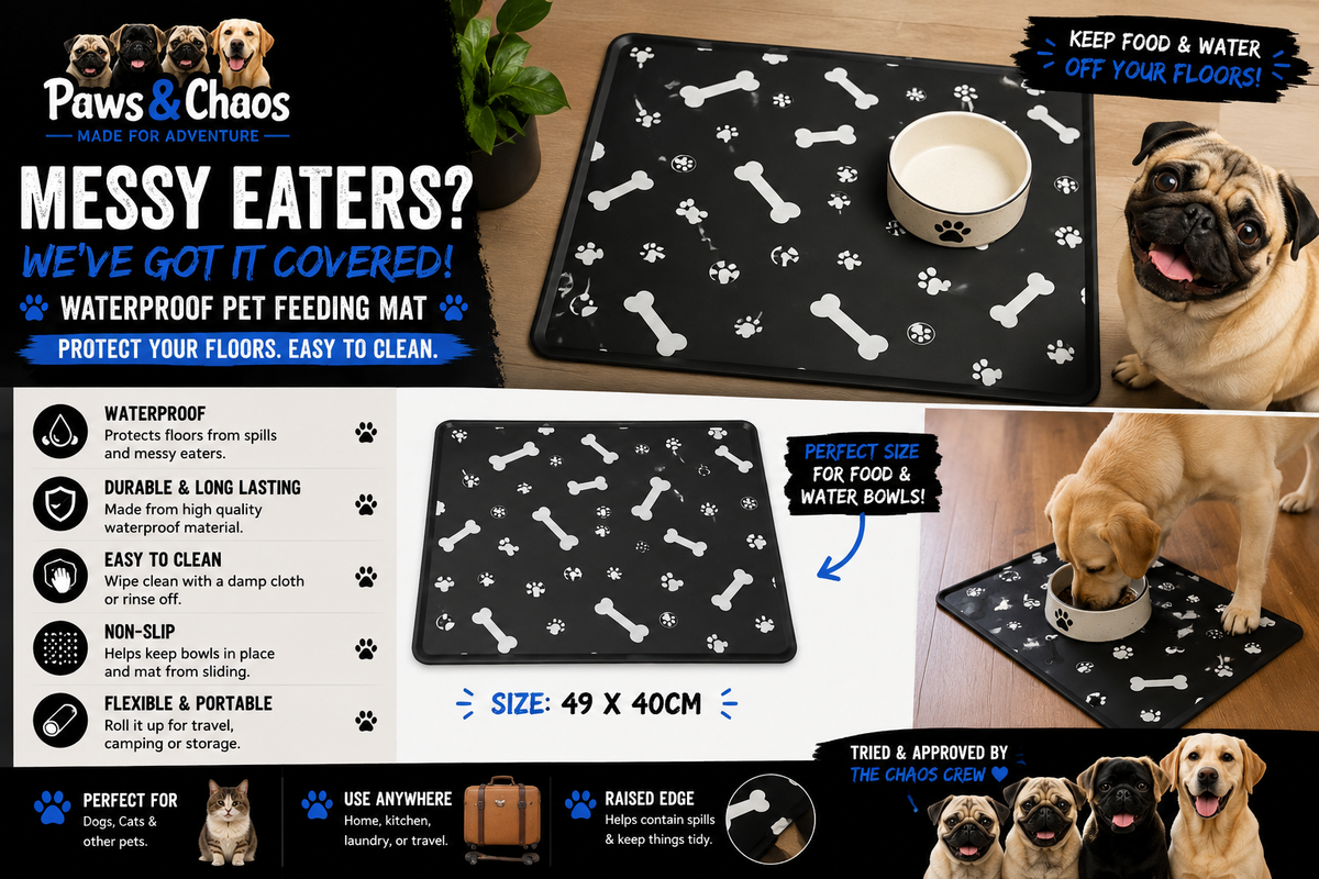 Paws & Chaos Waterproof Pet Feeding Mat – Non-Slip Food & Water Bowl Mat